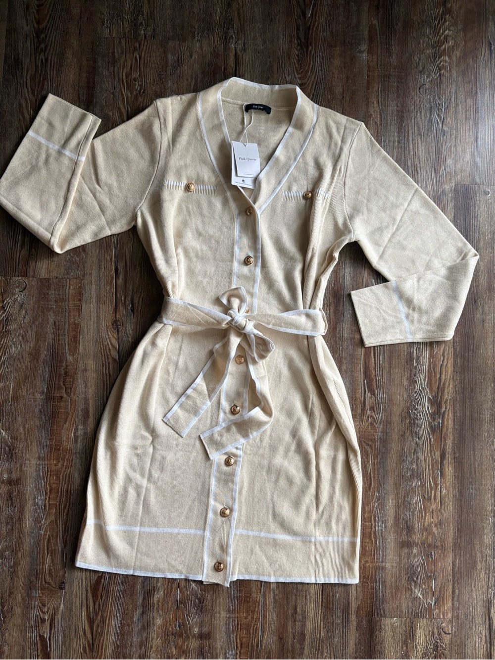 Tie-Waist Long Sleeve Knit Dress in Cream